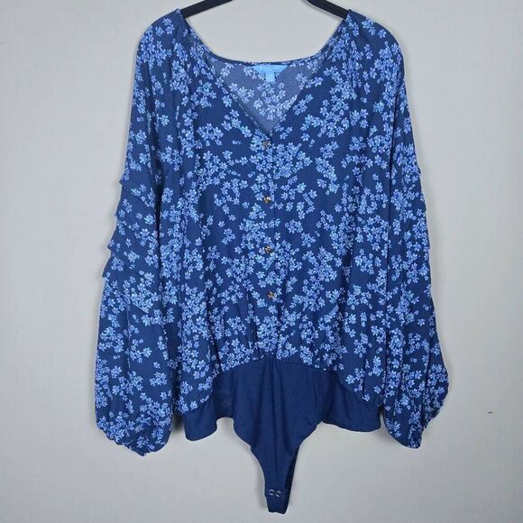 Draper James Womens Floral Button Up Bodysuit Size 2X Blue Ruffle Cottagecore - Picture 1 of 8